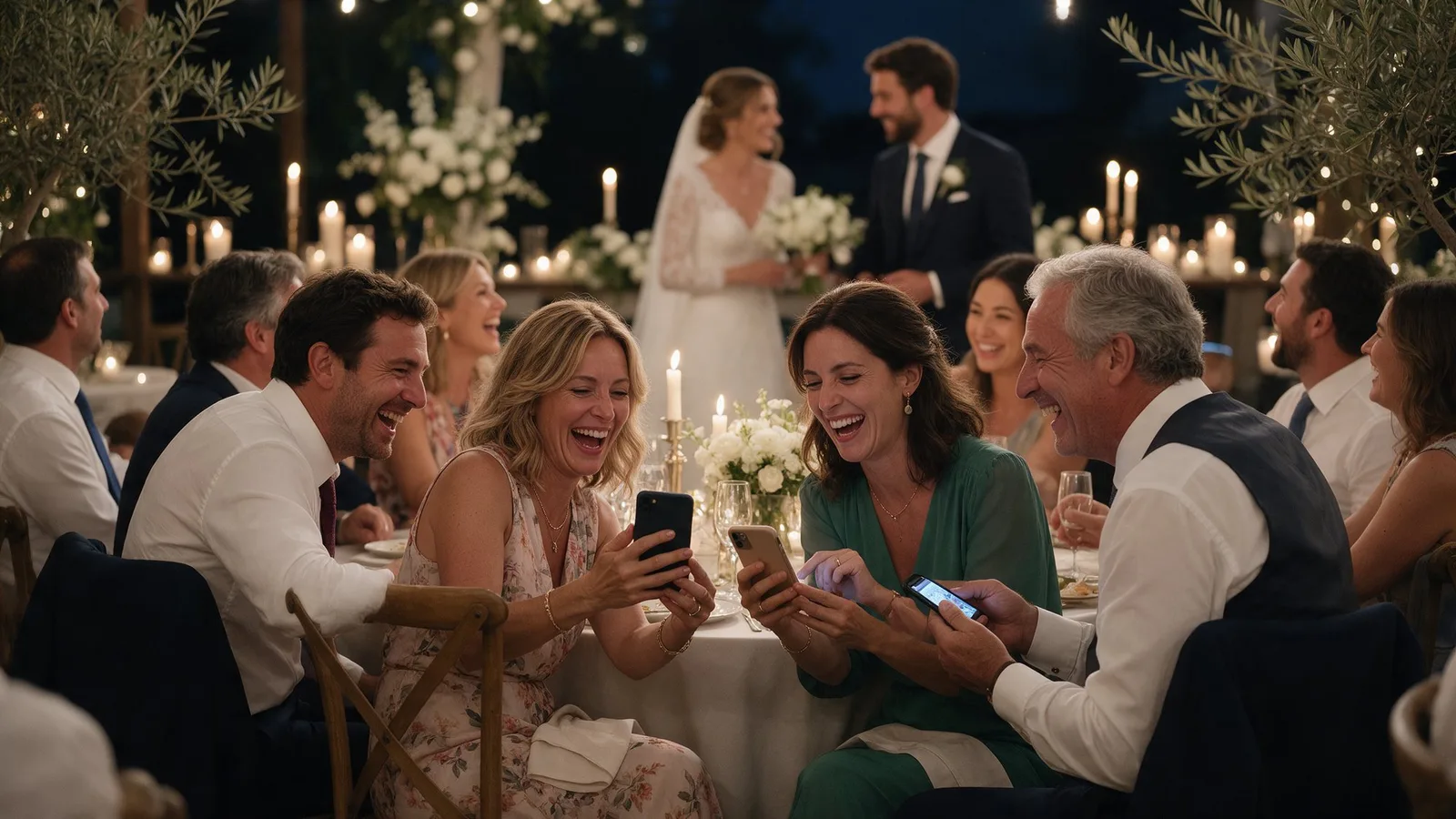 A bride scans the MyWedi QR code on a table sign with her phone