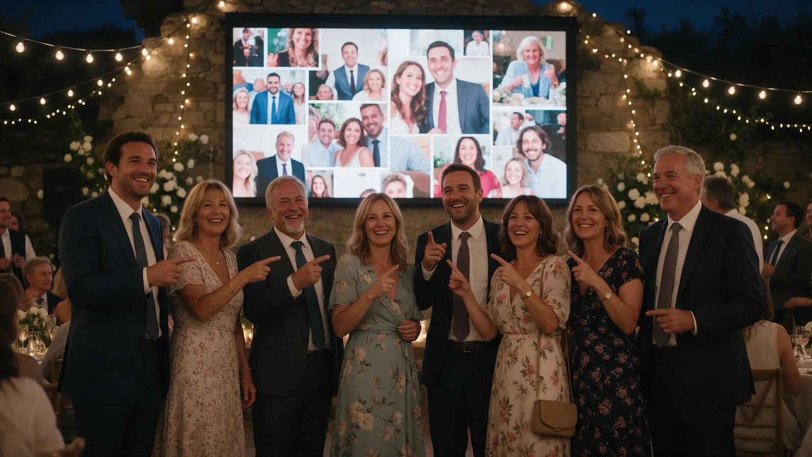 The couple dances while guests laugh at their photos on a big screen at a night-time wedding