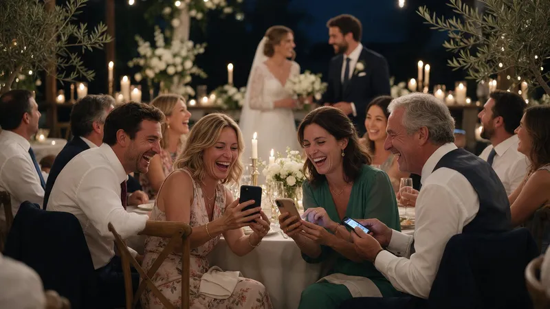 A bride scans the MyWedi QR code on a table sign with her phone